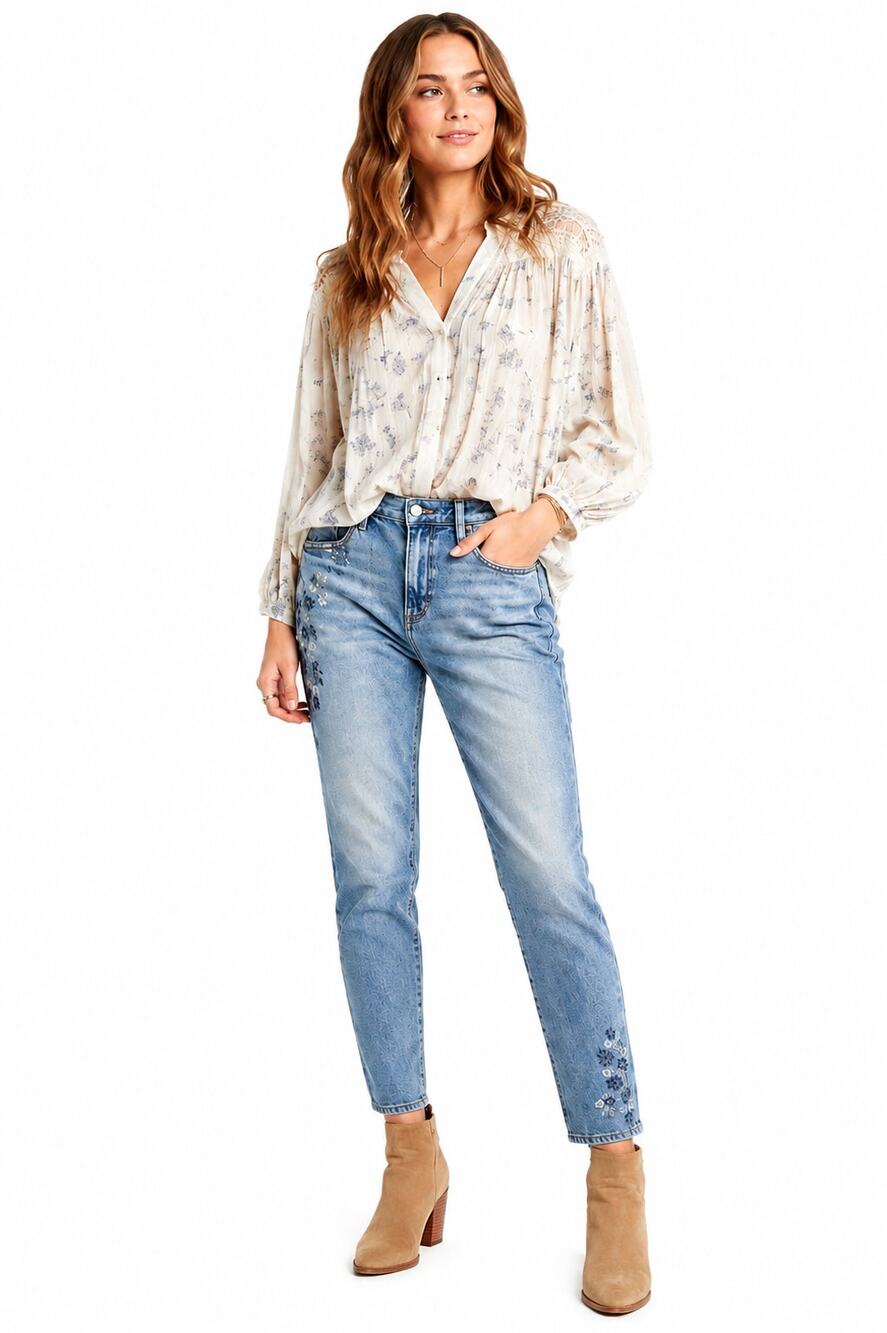Driftwood Kelly Embroidered Slim straight Jeans 28 Boho Floral Ankle Denim